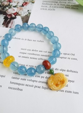 原创新款天然海蓝宝单圈手链女手串晶体通透干净南红蜜蜡牡丹花坠