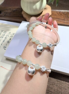 足银999小胖福莲花和田玉冰晴水足银半镯手链送女友闺蜜生日礼物