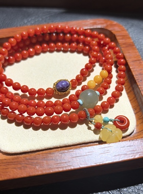 天然满色满肉柿子红高品质四圈手链搭配天然蜜蜡桂花紫龙晶和田玉