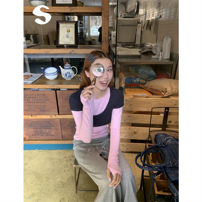 Sleep at 11早秋韩系穿搭叠穿修身粉色长袖T恤打底衫上衣女两件套