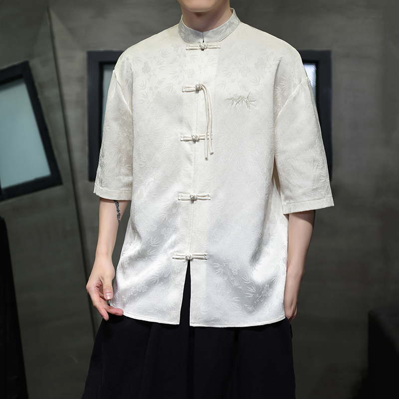 新中式夏季冰丝短袖衬衫男士薄款五分袖上衣中国风唐装立领刺绣潮