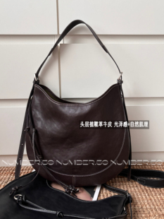 No.59秋冬头层植鞣牛皮明线车缝线大容量单肩斜挎包hobo马鞍包