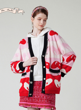 朝峰V领针织开衫女红色图案个性设计宽松毛衣外套CFE1B537-5073C