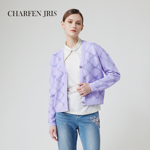 CHARFENJRIS秋季新款国风提花钉珠毛织开衫上衣FJE3A611-6015J