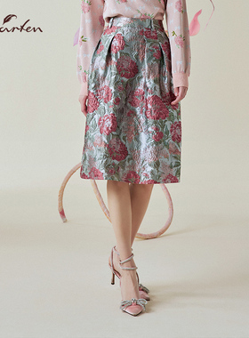 法式复古印花半身裙中长A字裙高腰显瘦艺术印花裙CFE1B119-1022E