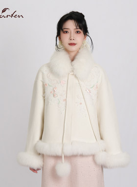 朝峰新中式刺绣短款毛呢外套女冬