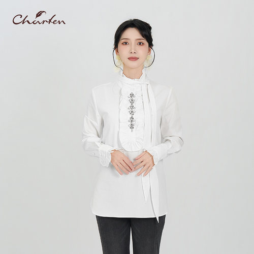 新中式白色立领褶边长袖女衬衫