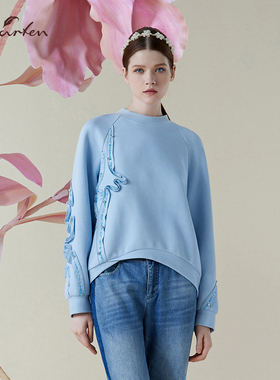 朝峰新款艺术花边圆领卫衣女蓝色宽松慵懒风上衣CFE1B309-3013B