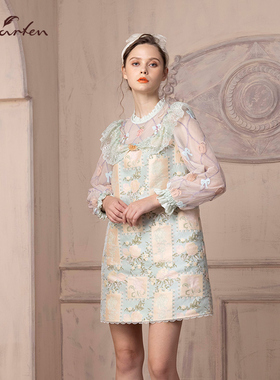 CHARFEN朝峰气质优雅印花蕾丝拼接短款连衣裙女CFD1B117-1029G