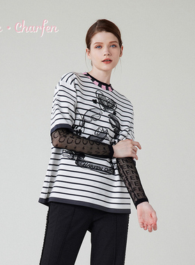 朝峰复古圆领长袖T恤百搭字母印花宽松针织衫上衣CFE1B537-5076C