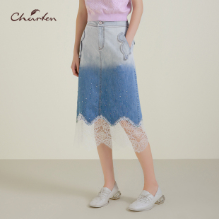 朝峰A字裙中长牛仔半身裙女CFE2E601 6018S