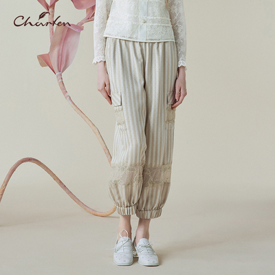 慵懒风蕾丝拼接显瘦阔腿九分裤