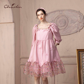 连衣裙CFD1C365 CHARFEN朝峰春新款 方领拼接复古灯笼袖 3068G