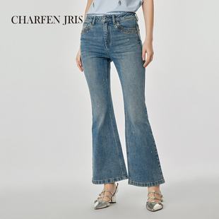 charfen朝峰复古高腰微喇牛仔裤 显瘦蓝色长裤 喇叭裤 6232P 女修身