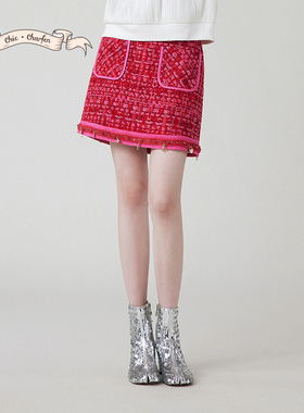 复古小香风红色粗花呢半身裙女高腰显瘦A字短裙CFE1B510-5015E