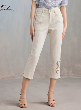 朝峰高腰白色刺绣牛仔裤女七分微喇裤修身显瘦百搭休闲裤E23011D