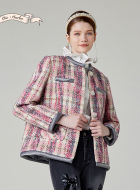 小香风粗花呢短外套女格纹圆领撞色滚边时尚外套CFE1A506-5007A