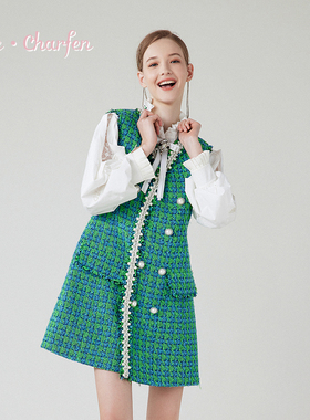 朝峰小香风粗花呢连衣裙女V领双排扣马甲裙千金风CFE1B211-2018G