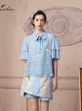 CHARFEN朝峰春季新款系带领荷叶袖衬衣女士CFD1C368-3008T