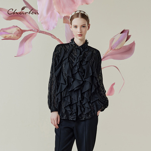 法式 女长袖 立领褶皱优雅显瘦上衣CFE1B085 0078T 千金风荷叶边衬衫