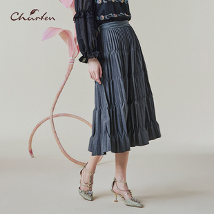 朝峰压褶女中长款 0057E 显瘦甜美A字百褶高腰显瘦半身裙CFE1C032