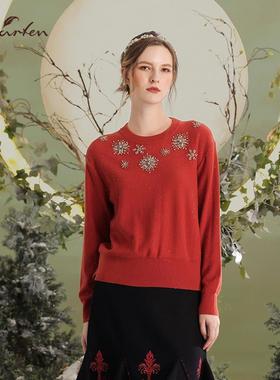 CHARFEN朝峰冬季新款复古砖岩红闪片毛织上衣CFD5G030-0038C