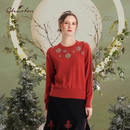 CHARFEN朝峰冬季新款复古砖岩红闪片毛织上衣CFD5G030-0038C