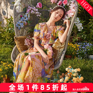 charfen朝峰法式田园风印花连衣裙女V领收腰长裙度假风显瘦0107G