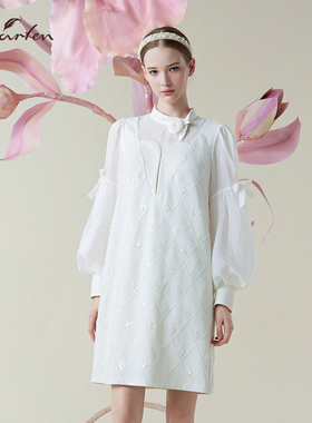 优雅风灯笼袖连衣裙白色气质名媛中长裙法式小香风CFE1B120-1082G