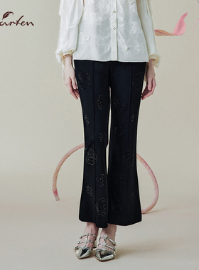 朝峰极简风黑色系微喇裤女修身显瘦时尚九分休闲裤CFE1B112-1015D