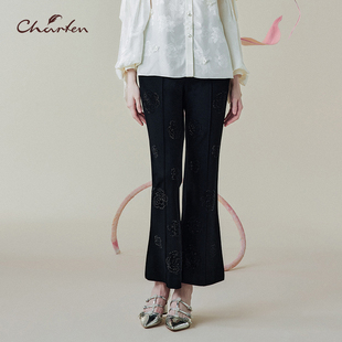 CFE1B112 朝峰极简风黑色系微喇裤 九分休闲裤 显瘦时尚 1015D 女修身