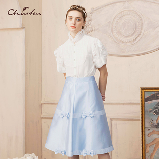CHARFEN朝峰夏季气质显瘦灯笼袖立领衬衫上衣女CFD2D158-1105T