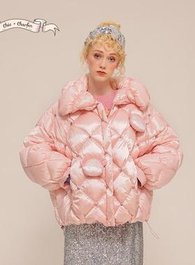 CHARFEN朝峰冬季新款趣味樱粉格菱蓬感羽绒外套CFD5E532-5038Y