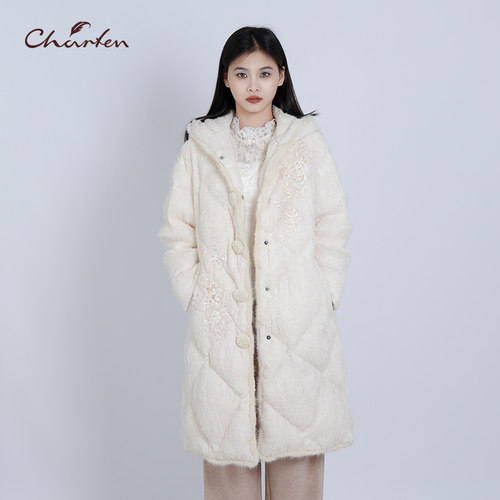 CHARFEN连帽菱格绗缝羽绒服女
