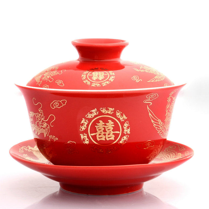 红色婚庆 结婚 敬茶杯 敬茶碗 三才碗 献茶杯 盖碗 喜杯 龙凤对杯