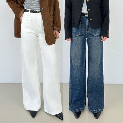 摩登复古/法式口袋微喇叭加绒牛仔裤女2025冬四面弹直筒喇叭长裤