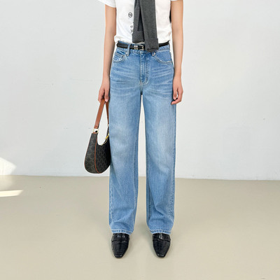 【胶囊裤】新疆长绒棉浅蓝色牛仔裤女春季2026新品高腰休闲直筒裤