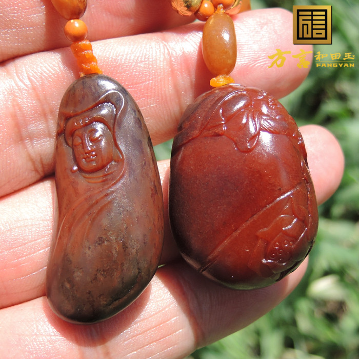 方言精品和田玉红沁独颗连生贵子