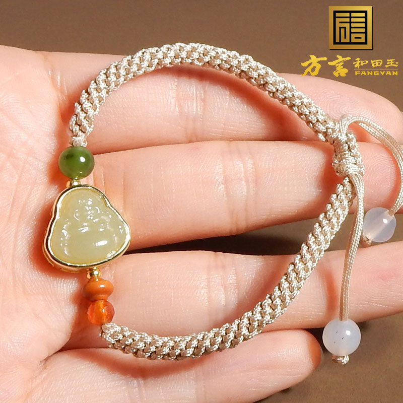 罕见方言精品和田玉新疆温润且末料黄口笑佛手工编织新中式手链A5