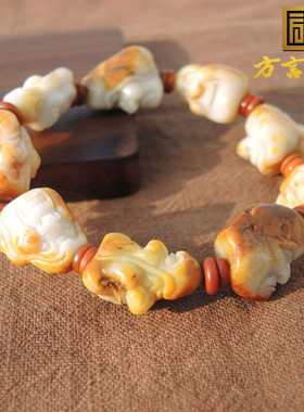 惊呆了方言和田玉精品黄沁皮白玉籽料大师精工双面十八罗汉手链h0