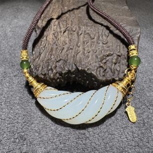 方言新疆和田玉老坑且末高脂高糯白玉银镶缠丝牛角包路路通项链S6