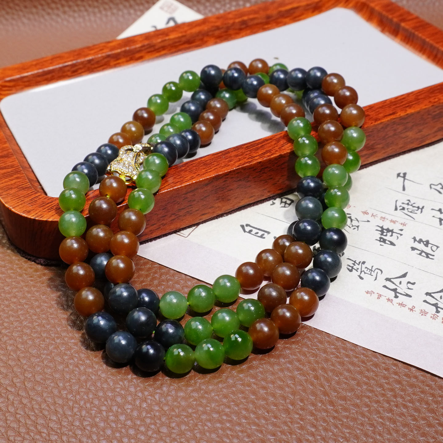 和田玉新疆且末糖玉碧玉青花多宝108颗卡8mm三圈手链毛衣链P