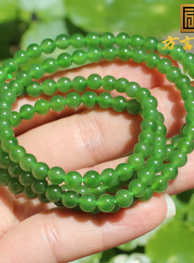 抢疯了方言和田玉老俄料无黑点细润阳绿碧玉4.5mm项链多圈手串A6