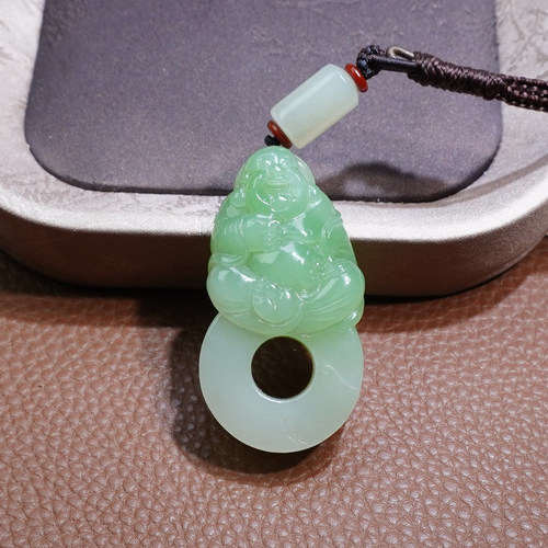 和田玉青海老坑料细腻油润冰底起胶感晴水带翠色笑佛吊坠挂件Q
