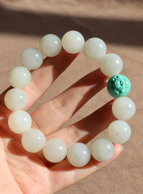 罕见方言品牌和田玉佩戴新疆羊脂白玉底青花籽料卡14mm圆珠手串A2