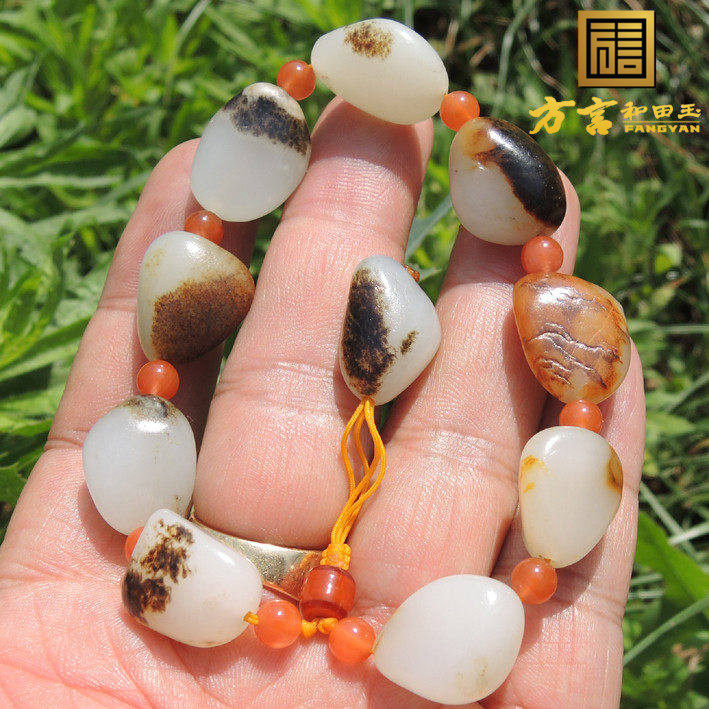 方言和田玉手串新疆玉龙河正宗无修高白羊脂玉籽料皮色精品手链F