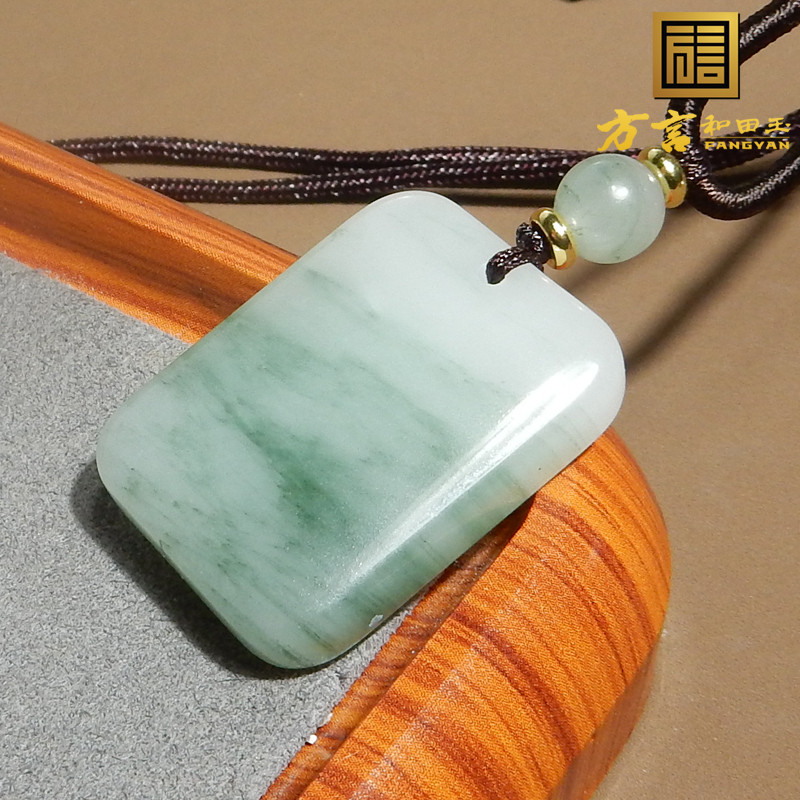 嗨翻天方言精品新疆冰种金丝玉天山翠高冰底白玉平安牌吊坠挂件R9
