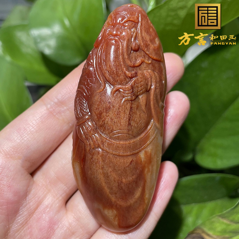精品玉雕大师蒋喜收藏级罕见高脂鸽血红沁皮白玉籽料关公吊坠o