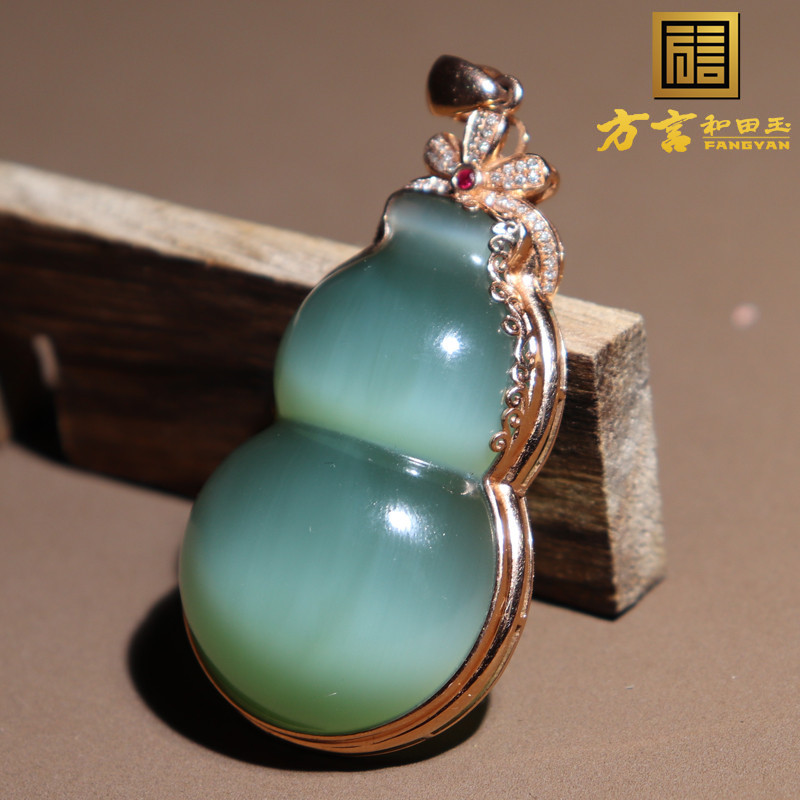 方言和田玉精品特惠俄罗斯老坑料碧玉粉青双线猫眼福禄寿吊坠O8