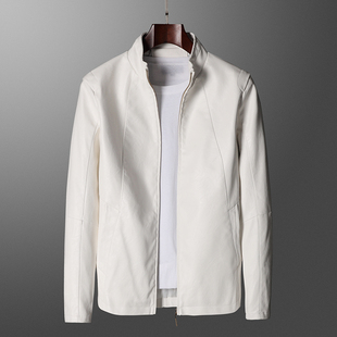 春秋男皮衣机车外套PU上衣加肥加大码摩托车夹克白色修身衣服皮尤